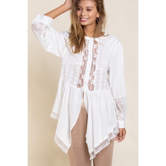 POL Off White Cotton & Lace Long Sleeve Unbalanced Hem Button Down Shirt - Picture 7 of 10